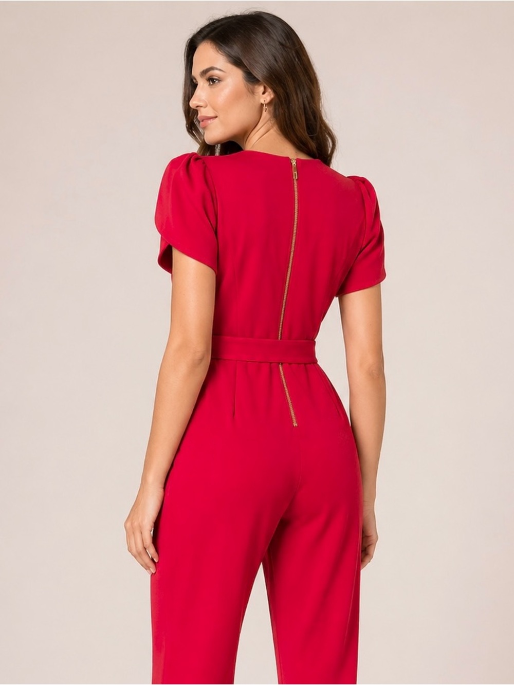 CALVIN KLEIN Jumpsuit Cropped Tulip Sleeve Belted Round Neck Pockets Back Zip - Picture 5 of 14